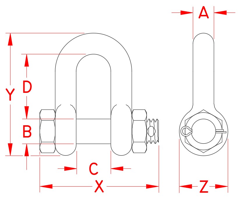 Stainless Steel Bolt Chain Shackle, S0115-SA07, S0115-SA08, S0115-SA10, S0115-SA12, S0115-SA13, S0115-SA16, S0115-SA16, S0115-SA22, S0115-SA25, Line Drawing